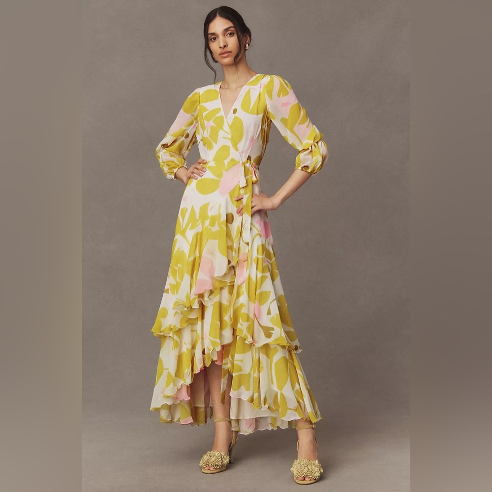 Hutch Yellow & Pink Floral High-Low Wrap Dress